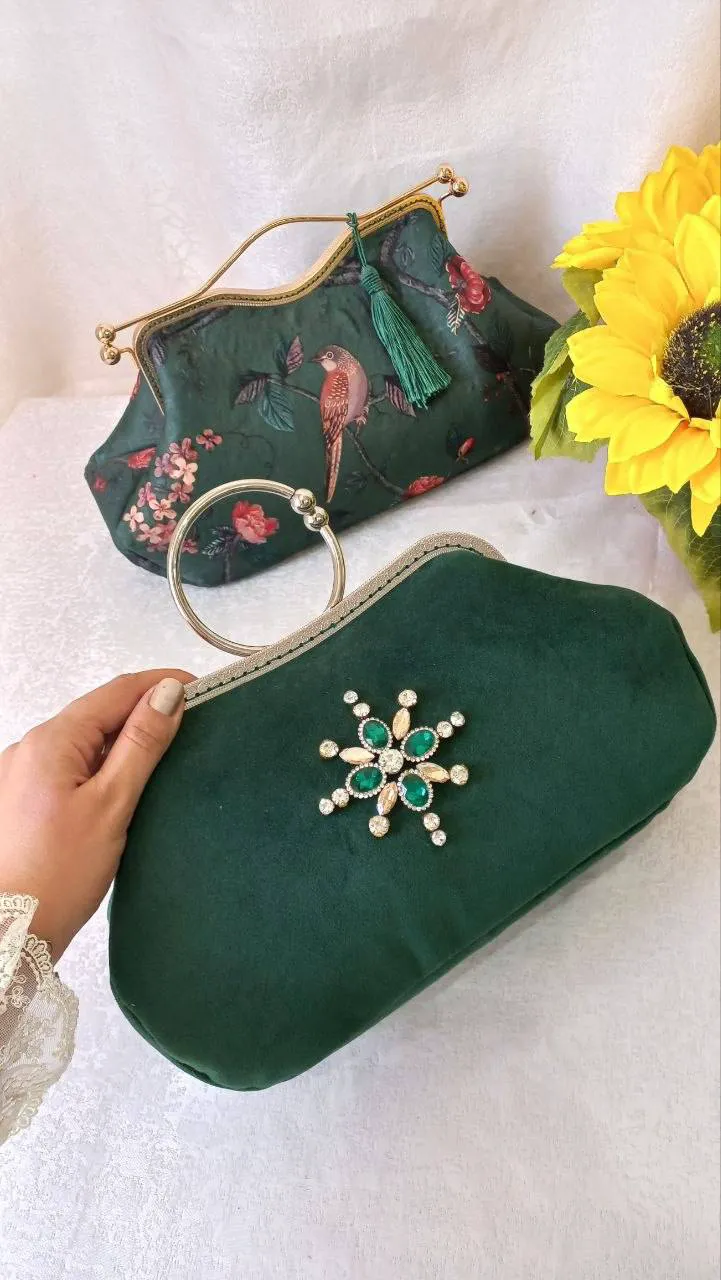 کیف دستی مجلسی مخمل سبز با نگین درخشان و دسته حلقه‌ای